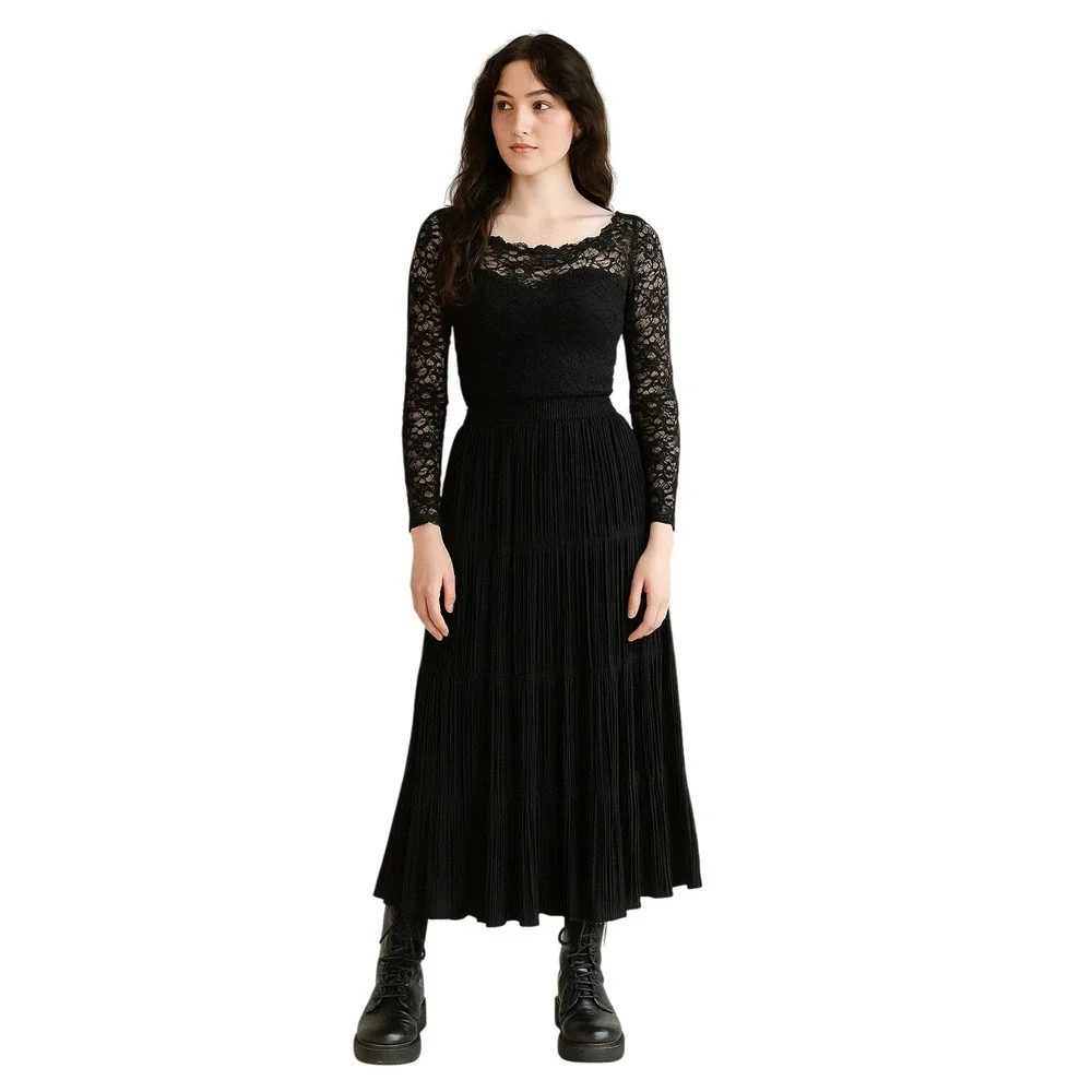 SCOTT TAYLOR VTG Microfiber Black Pleated Maxi Skirt Tiered Boho Witchy Grunge M